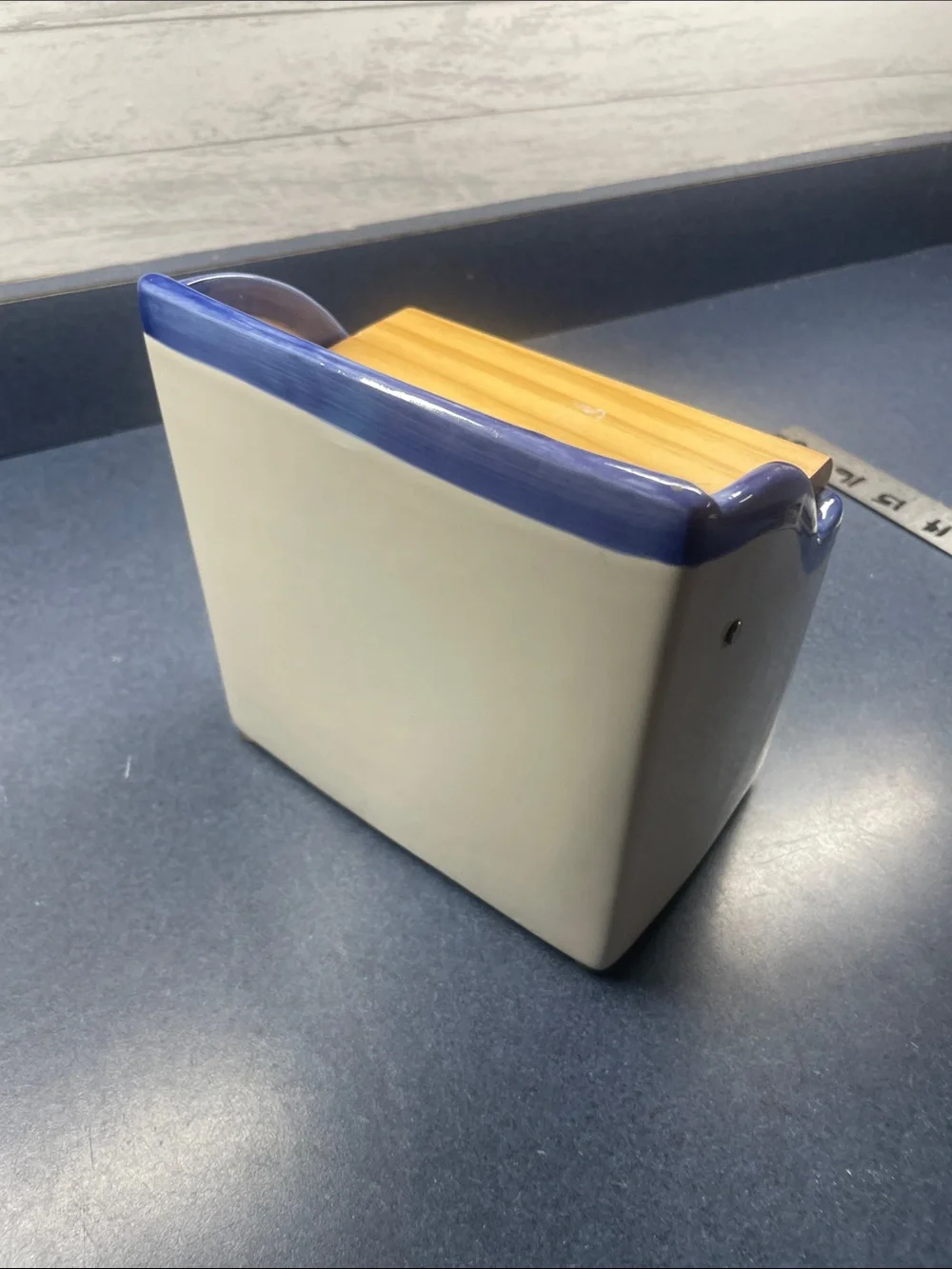 Ceramic Kitchen recipe card box with Blue Trim and Yellow Lid
